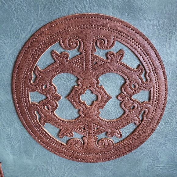 Classic Teal and Brown Tote Bag with Brown Faux Leather Accents - Picture 3 of 13